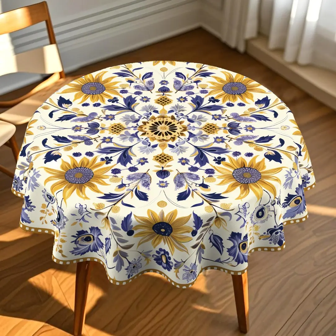 1Pc 59inch Boho Mandala Tablecloth, Elegant Blue Leaf Sunflower Symmetrical Art Aesthetic, Lightweight Thin Breathable Polyester Cover for Four Seasons Household Table Decoration