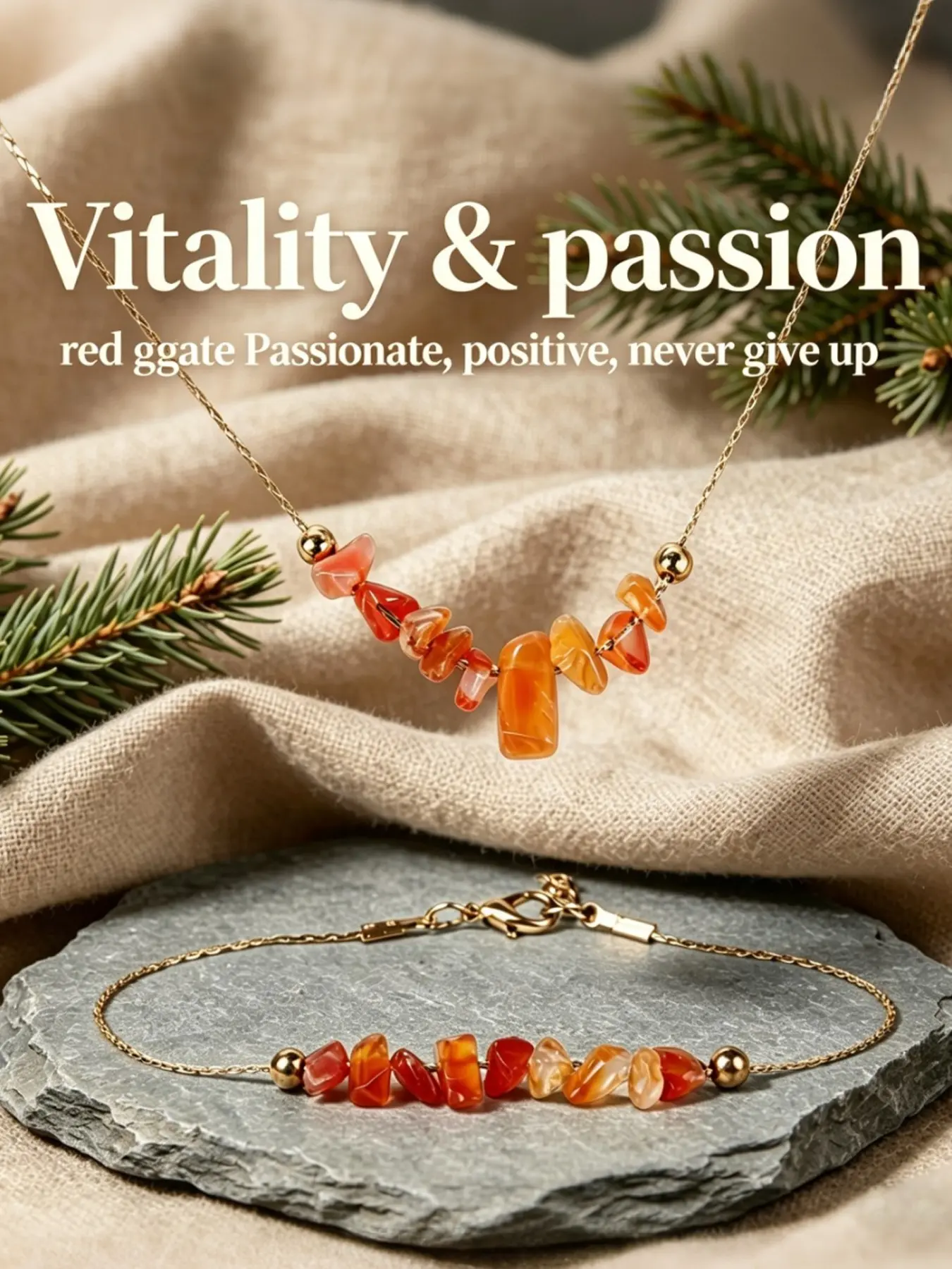 Natural Red Agate Jewelry Set, Crushed Crystal Choker Necklace & Beaded Bracelet for Women, Elegance, Vitality & Passion Positive Energy Gift