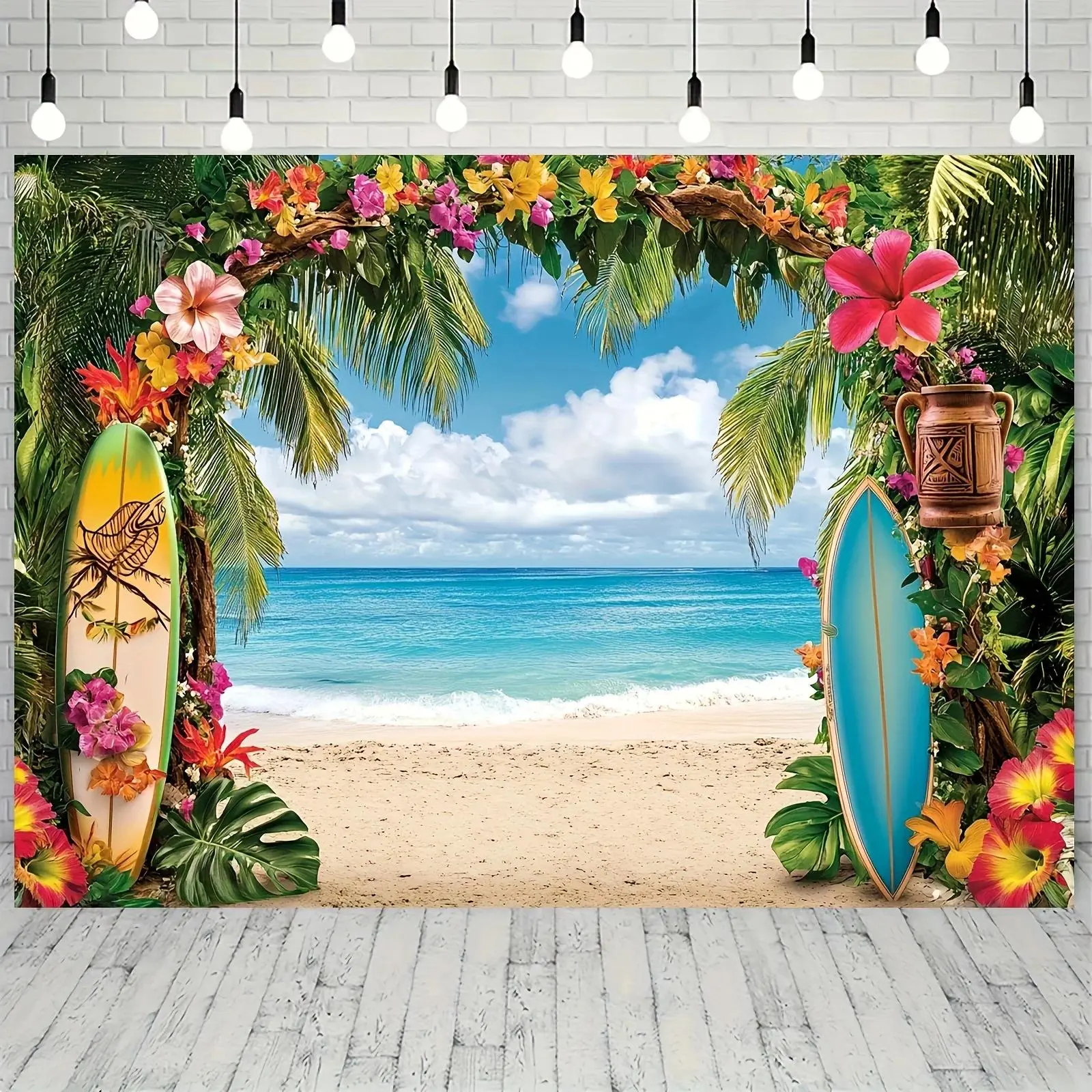 Hawaiian Beach Photo Backdrop Banner Kit - Lightweight Hanging Tropical Decor with Palm Trees, Hibiscus Flowers, Surfboards, Tiki Statues for Room Festive & Party Supplies