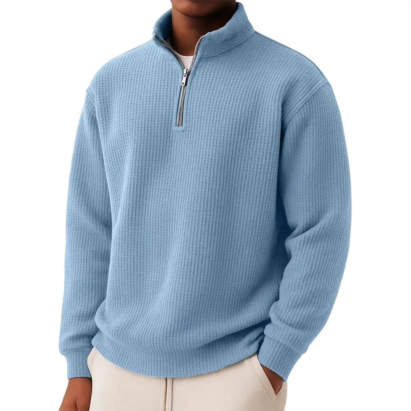 Men's Casual Minimalist Waffle-Knit Long-Sleeve Zip-Neck Pullover Sweater - Medium Length, New Autumn-Winter Style for US-EU Market