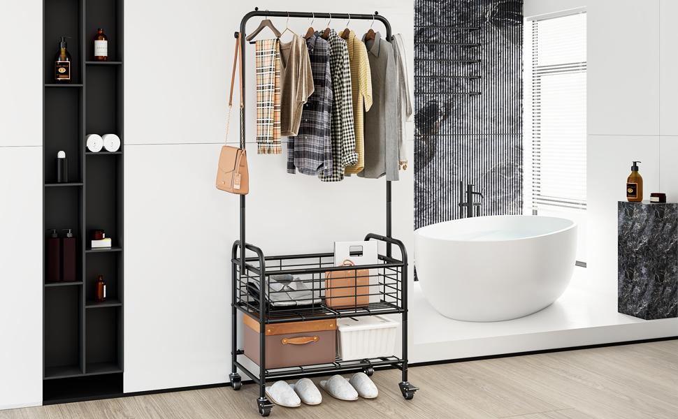 Laundry Basket with Wheels Rolling Laundry Hamper Laundry Sorter Cart Shelf Hanging Rack Organiser Hangable