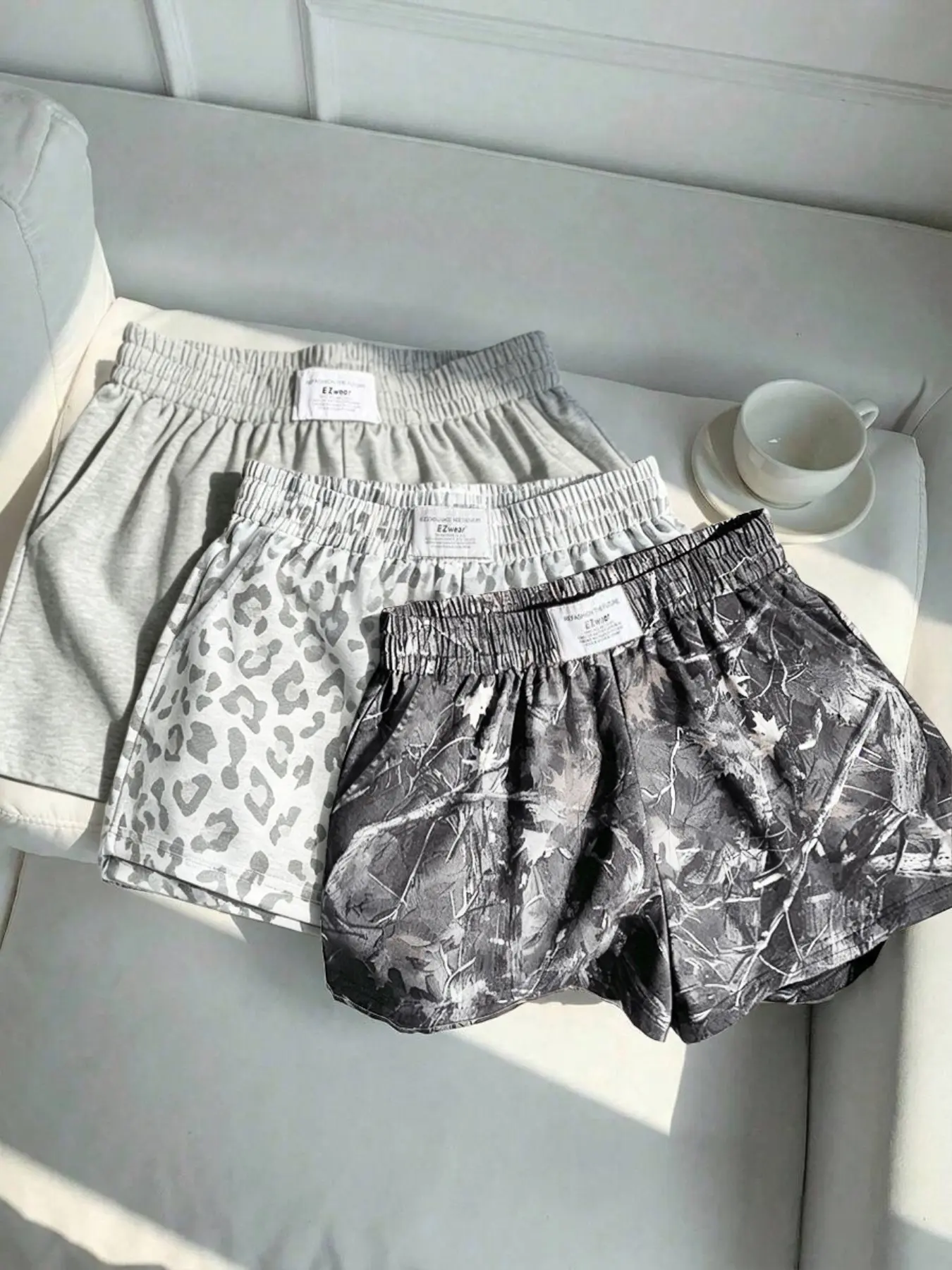 3-piece set, women's summer millennium style withered branches+leopard print+solid color casual sports fashionable summer shorts for daily commuting and outdoor wear, Activewear Shorts Sets, Athleisure Shorts