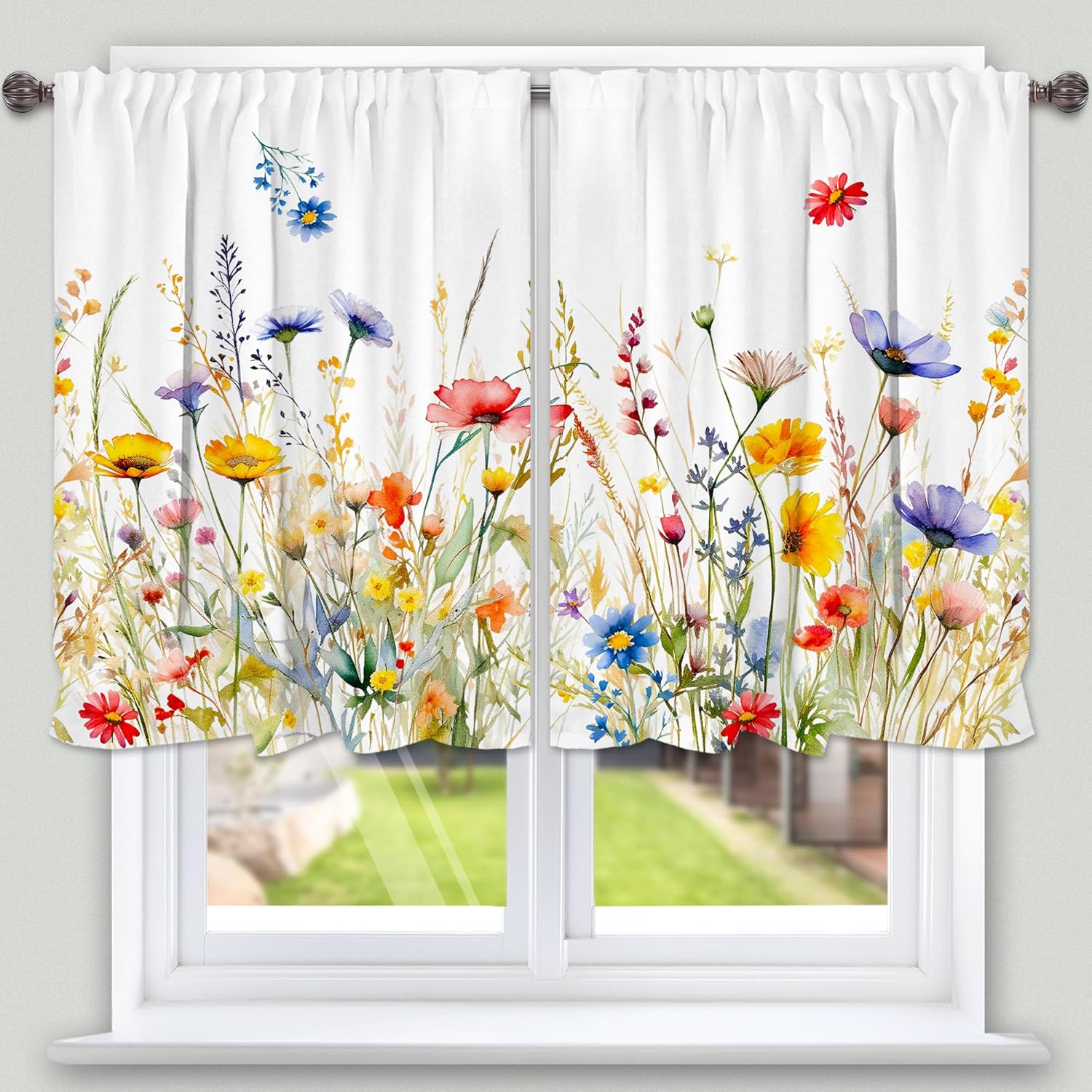 3 Piece Spring  Curtains and valances Set, Random 2 Styles Summer Floral Cafe Curtain 36 inch Length Black & White Buffalo Plaid  Decor kitchen