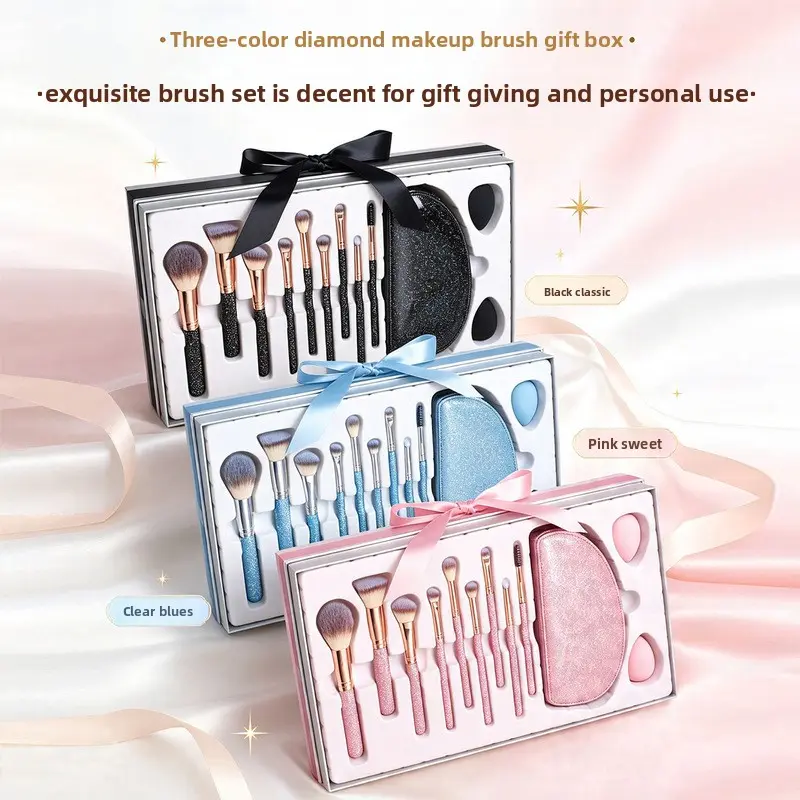 Luxury Sparkly Rhinestone Crystal Makeup Brush Set - Multiple Brushes, Oval Storage Case, 2 Makeup Sponges, Travel Ready Glam Kit for Daily Make-Up, Gifting for Women Friends