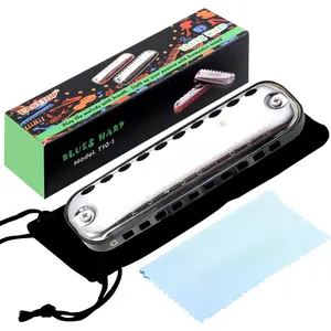 Harmonica,Smoothly Rounded  10 Holes C Key Blues Mouth Organ Harmonica for Students as ,with Fabric Cloth Pouch,Colourful Box, Black