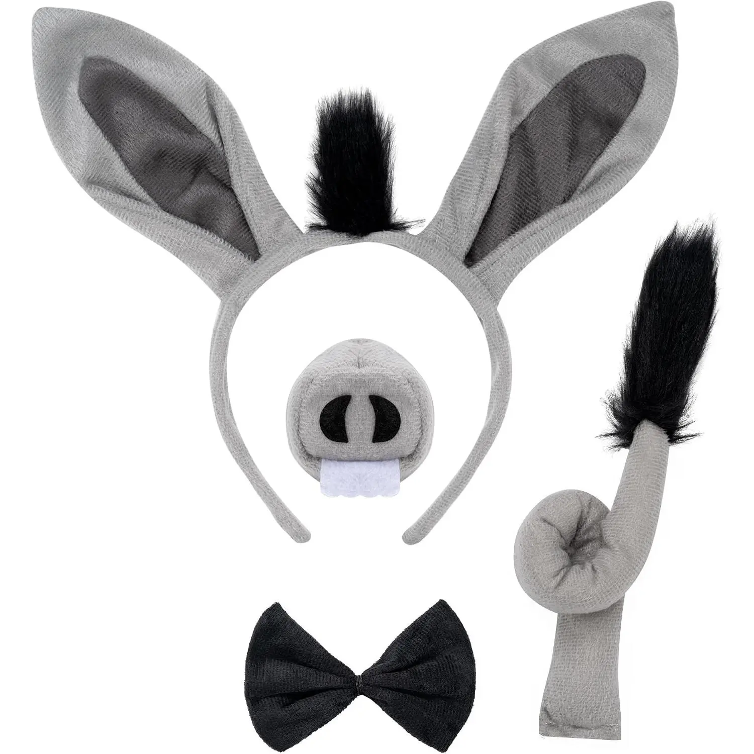 4PCS Donkey Costume Set with Ears Headband, Nose, Tail & Bowtie - Grey Headwear for Adult Women Halloween Party Accessories(Gift)
