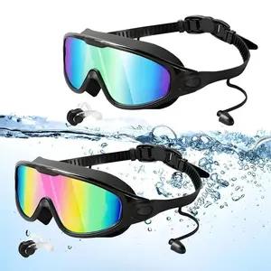 Summer Swim Goggles 2-Pack, 180° Panoramic Wide View Swimming Goggles, Anti-Fog UV Shield Glasses with Earplugs and Nose Clip, Waterproof Swim Gears for Adults & Youth