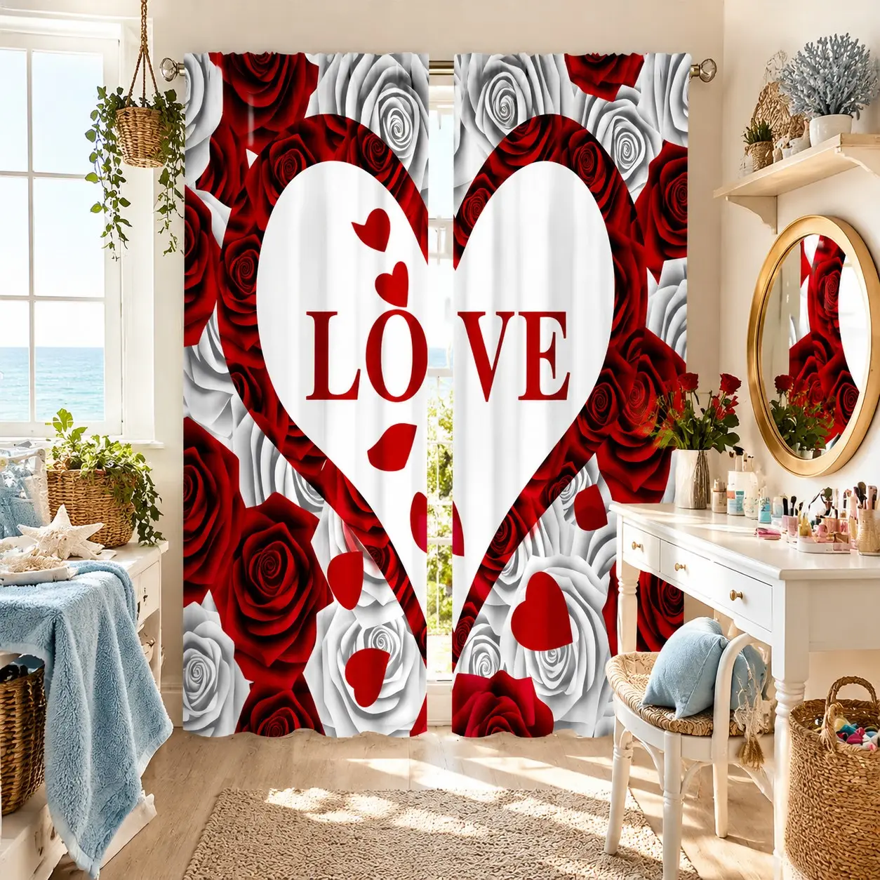 2-piece set of Love Rose LOVE digital printed curtains, Curtain for windows, Room Decor Curtain, made of semi transparent polyester fiber, with a pole bag design, suitable for home decoration, preferred for Valentine's Day