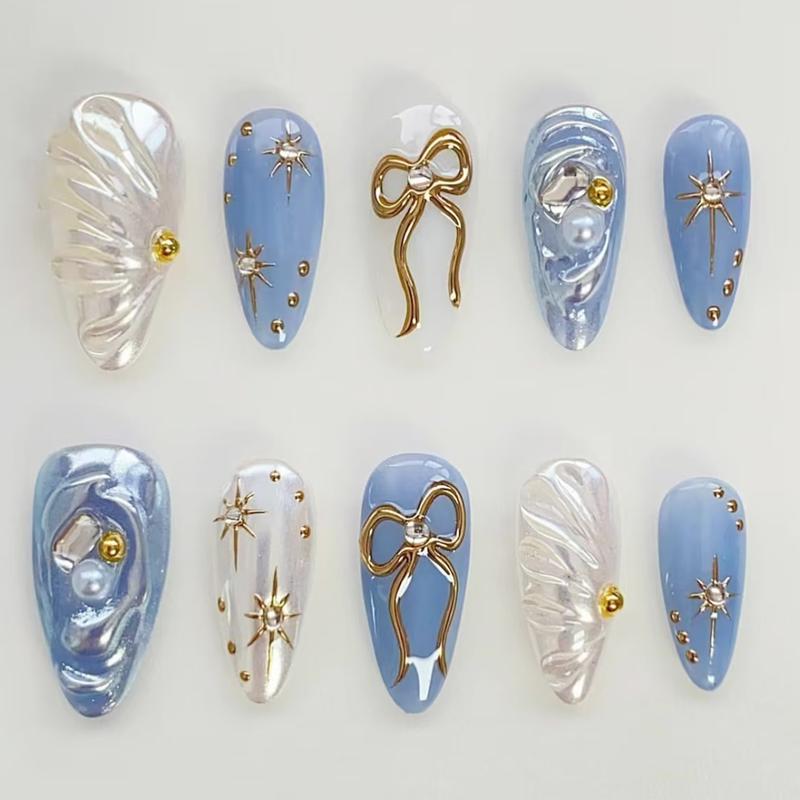 Elegant Ocean Blue Rhinestone Decorated Butterfly Nail Art Set, Removable European Style Manicure Tips with Star Pattern Rhinestones, 24pcs Glossy Finish Nails