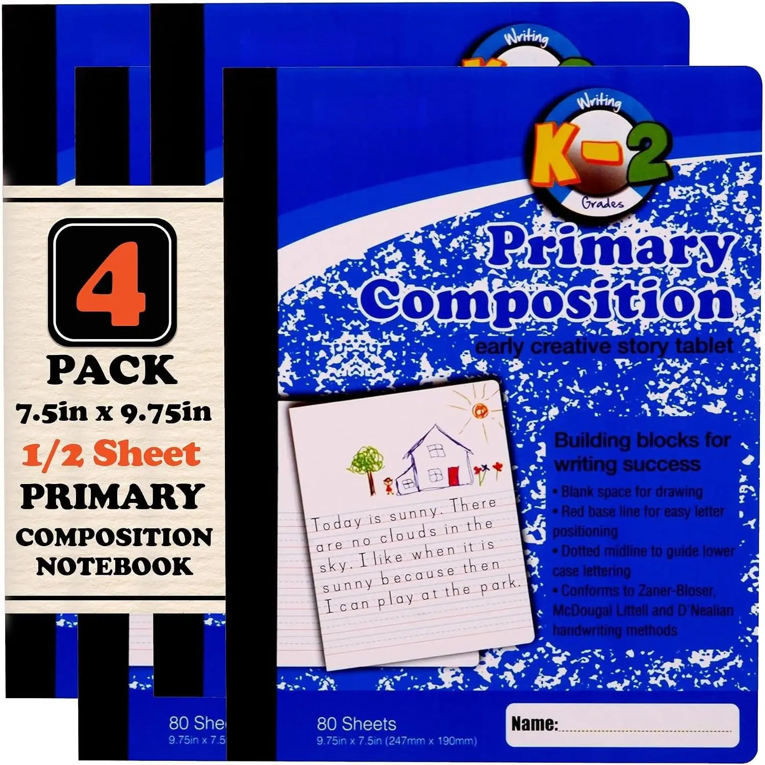 Primary Composition Notebook, 4 Pack, Blue Cover, 80 Sheets, 7.5in x 9.75in, 1/2 Sheet, Ruled with Drawing Area, Flexible Hardcover Journal, Grades K-2, School &  Use