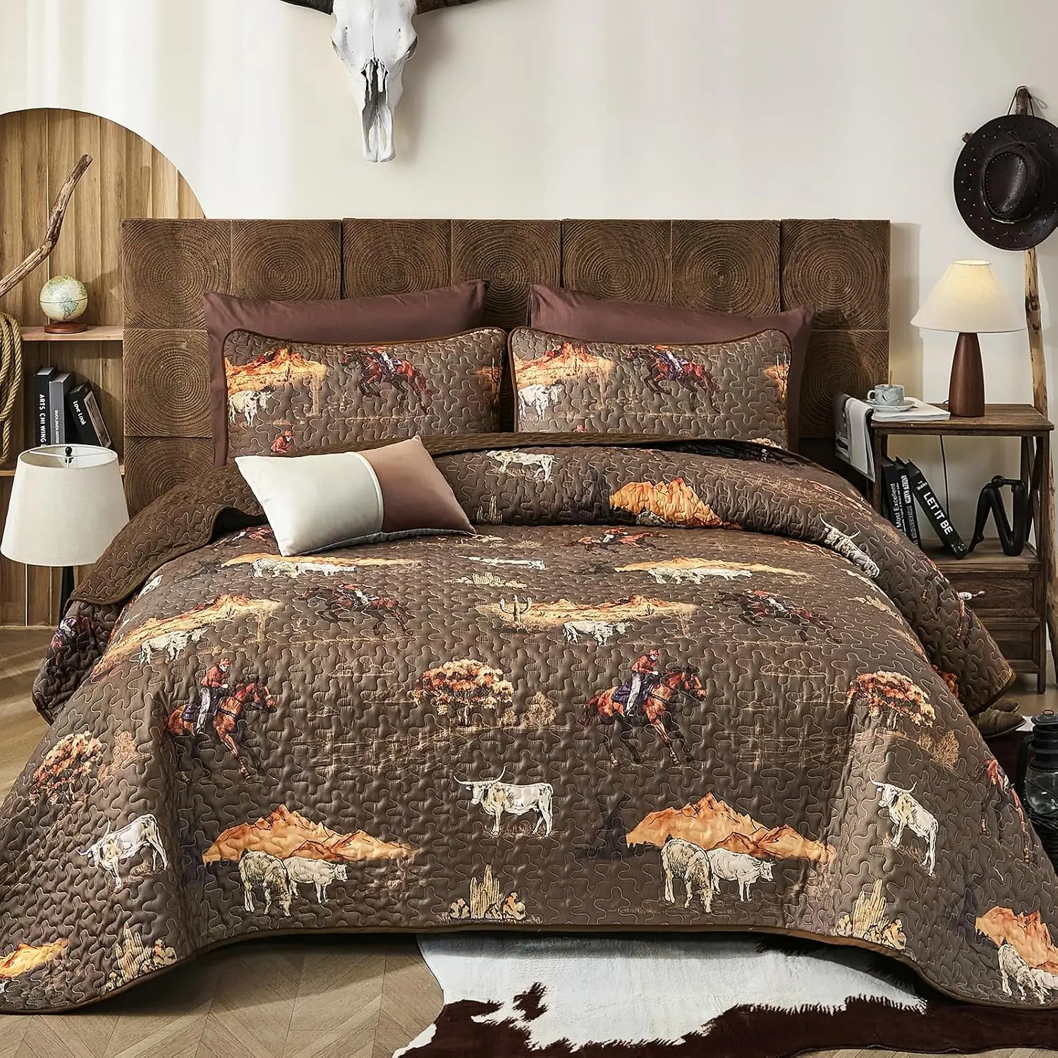 Set Queen,3 Pieces Rustic Ranch Life Bedspread with Southwestern Vintage Pattern,Brown Soft Lightweight Farmhouse Bedding for All Season(96"x90")