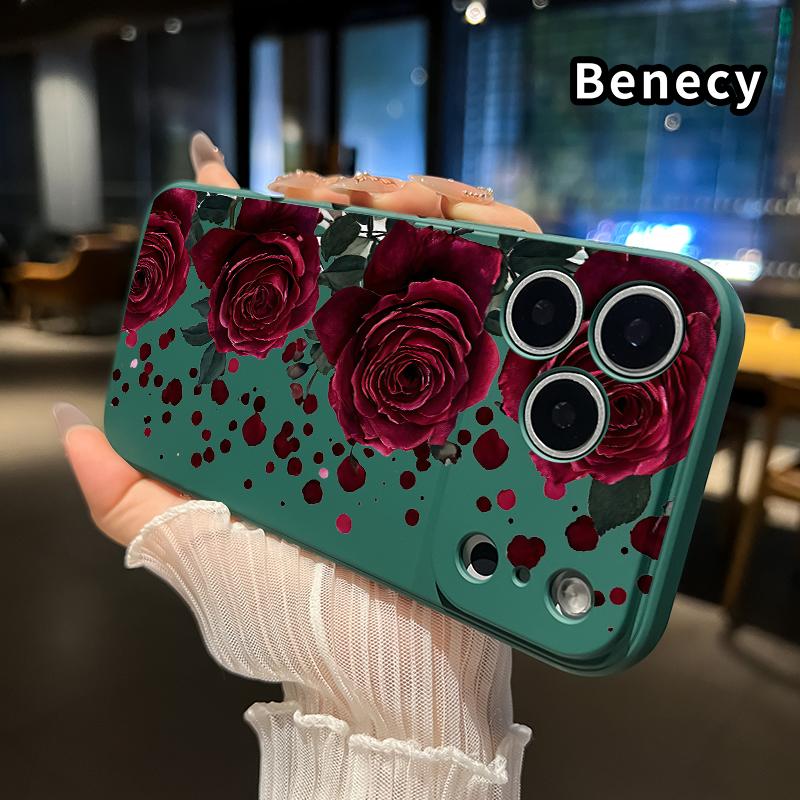 Straight Edge Phone Case for iPhone 17 15 16 14 Pro Max 13 12 11 XR XS Plus Air E Blooming Ruby Roses Pattern Drop Protection Shockproof Soft Liquid Silicone Smartphone Cover