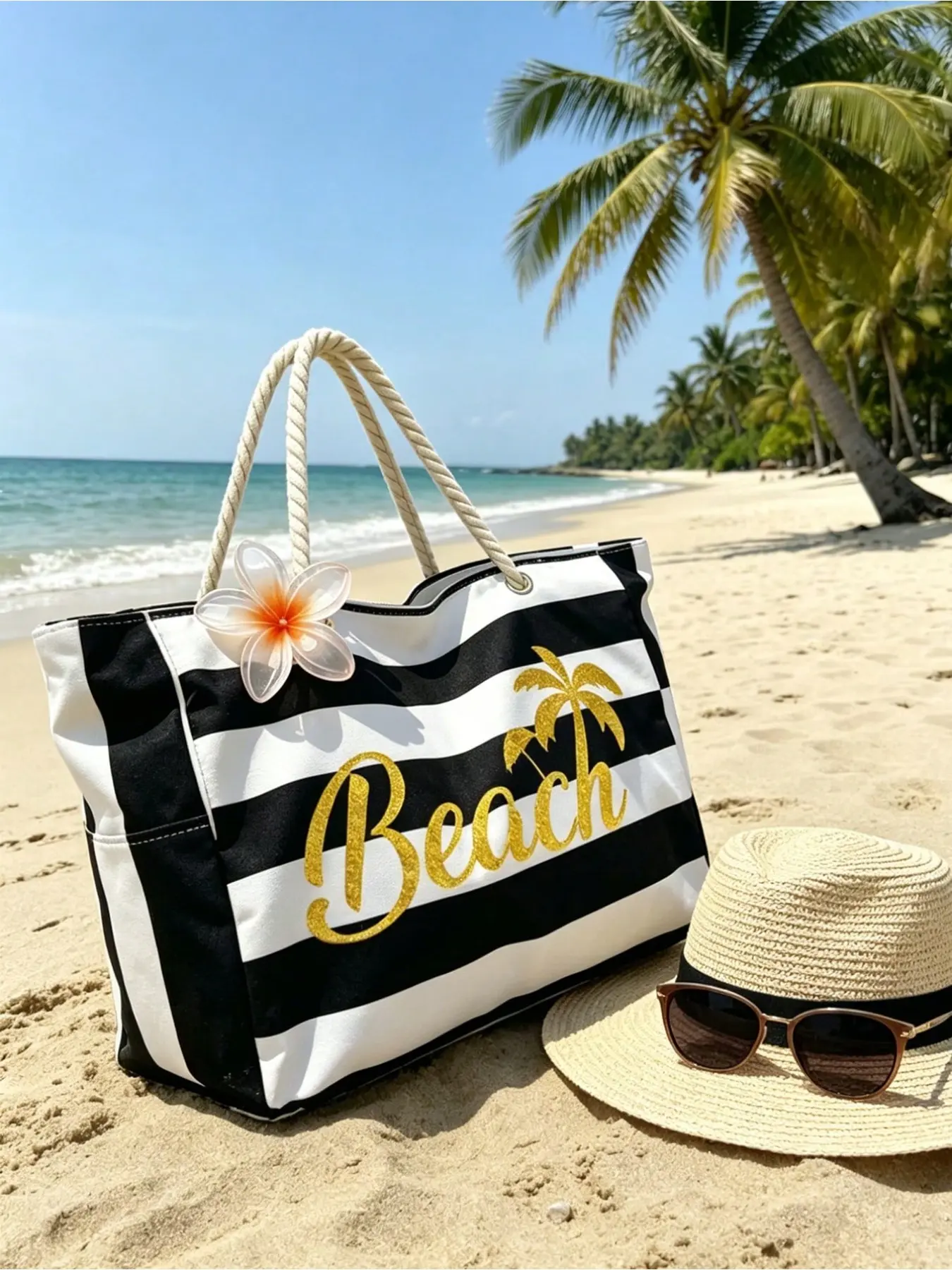 Large Capacity Beach Bag with Umbrella Print, Foldable Canvas Shoulder Bag, Waterproof Sandproof Travel Bag, Ideal for Summer Essentials