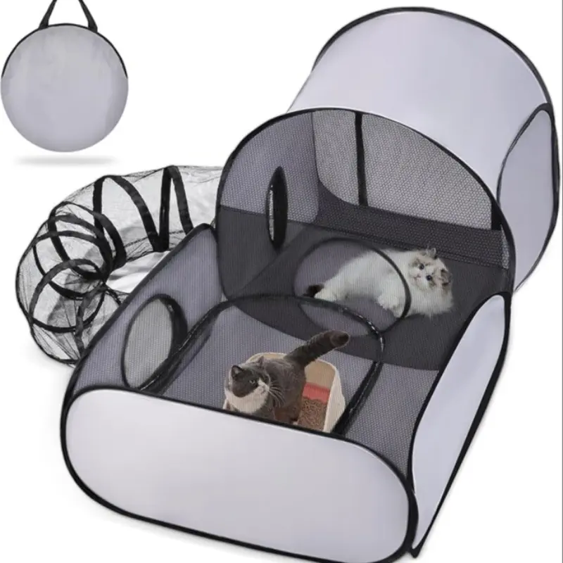 Pet Playpen with Surround Tunnel, Outdoor/Indoor Kittens Cat Playpen with Breathable Soft Sides，Cat Enclosure Tent for Small Animals, Portable Tent with Carry Bag