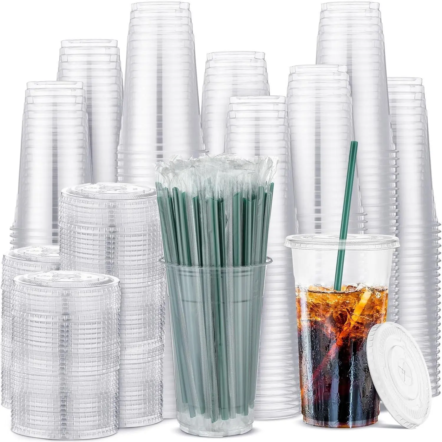 25PCS 16 oz Clear Plastic Cups with Lids and Dark Green Straws, Round Bottom Disposable To Go iced Coffee Cups, BPA Free Bubble Tea Smoothie Cups for Coffee Shops, Picnic, Takeout, Party, Office