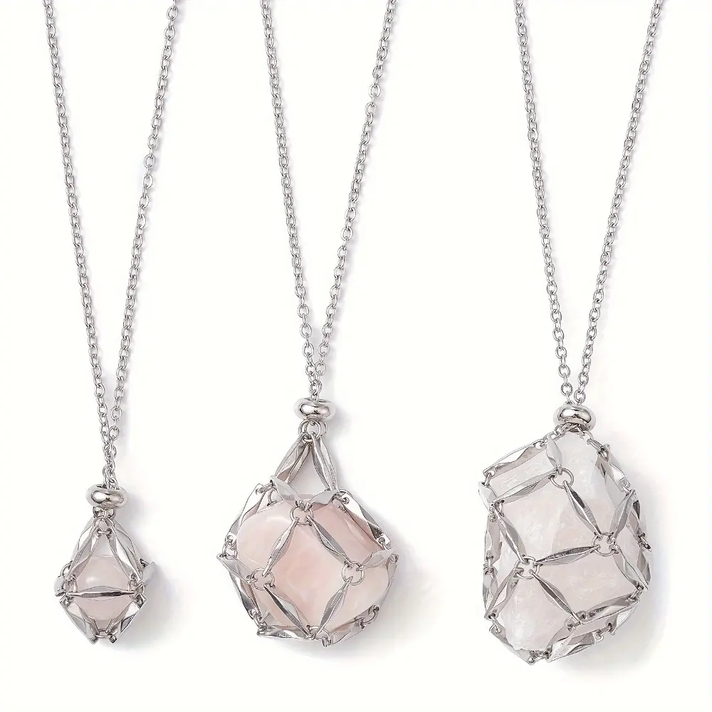Set of 3, 304 Stainless Steel Macrame Pouch Necklace Kit | Stylish Geometric and Quadrilateral Empty Stone Holder Pendants with Cable Chains and Lobster Claw Clasp