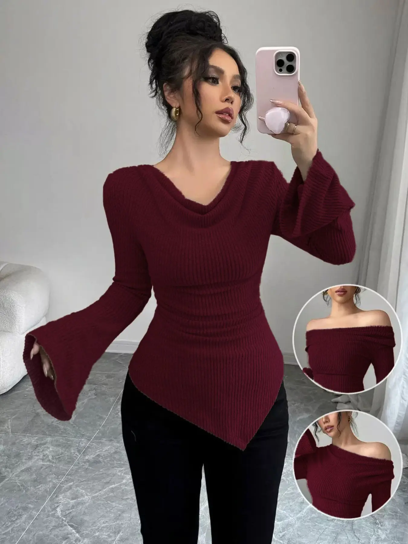 Women's Polished Vertical Rib Fitted Long Sleeve Knit Top, Casual Chic for Office Brunch Date, Trending 2026 Fashion, Knitwear