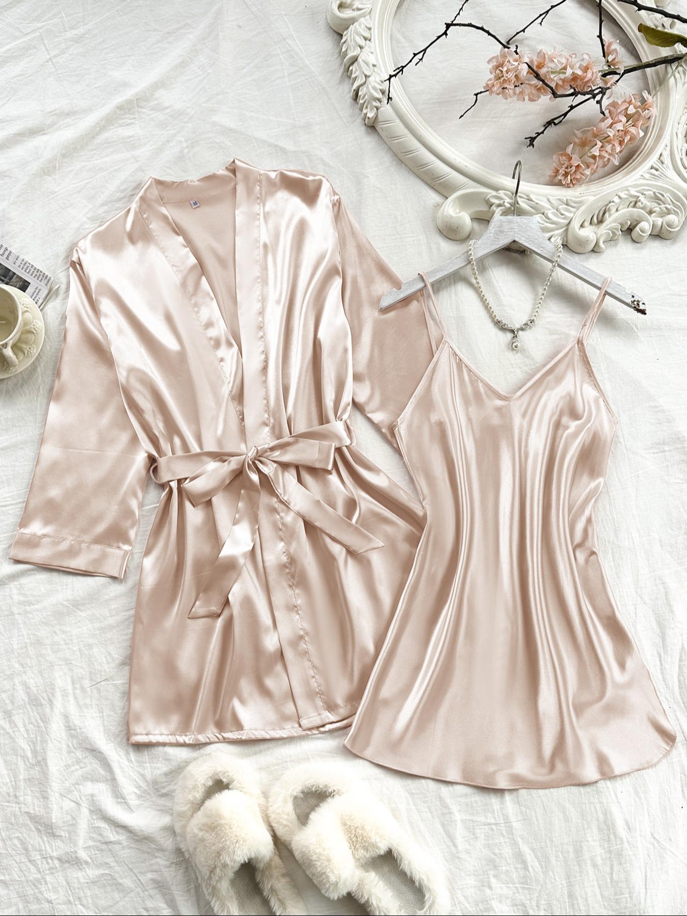 Women's Solid Belted Satin Pyjama Two-piece Set, Spaghetti Strap Long Sleeve Cami Night Dress & Robe Pj Set, Women's Sleepwear for All Seasons
