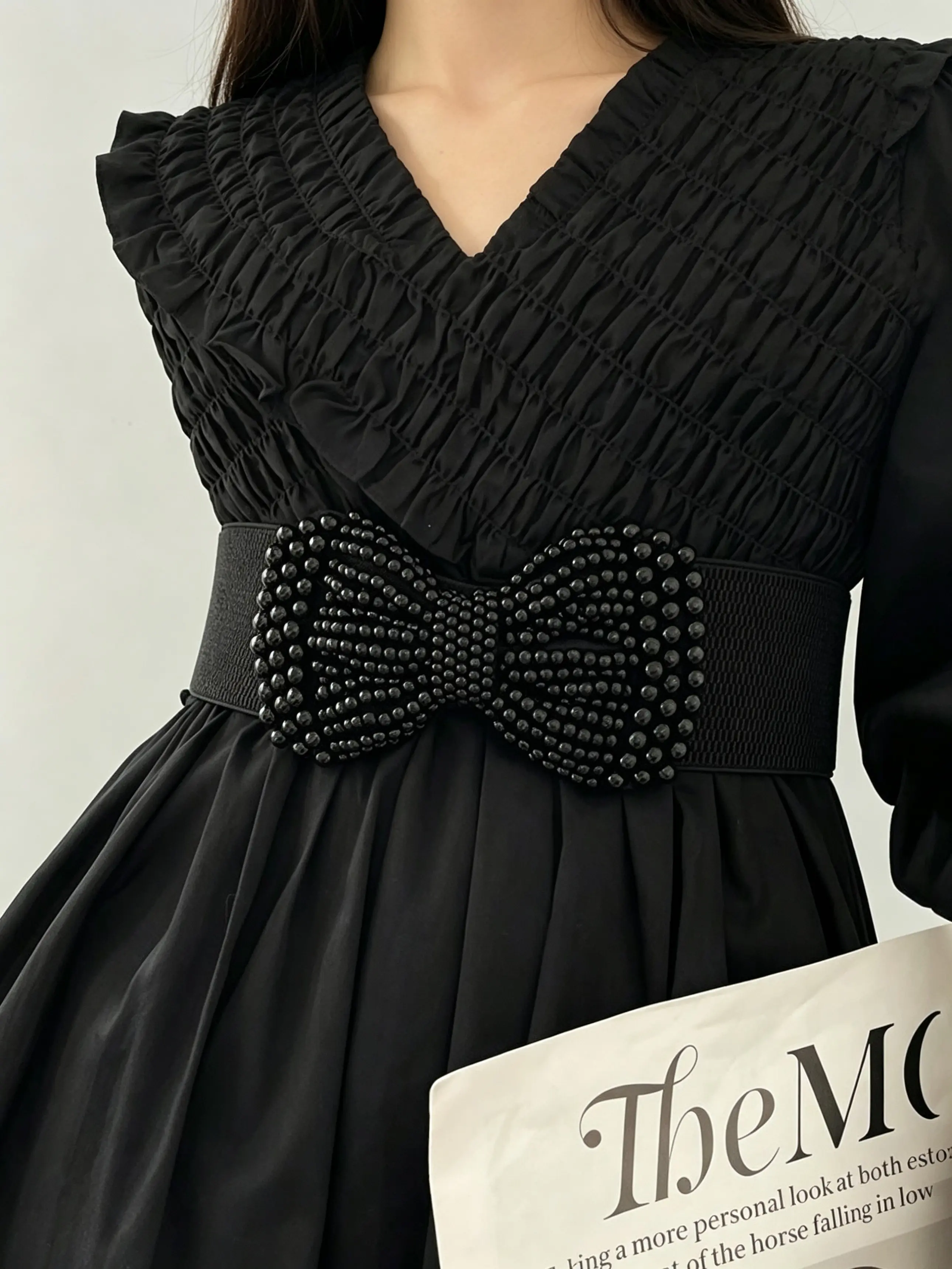 Elegant Wide Imitation Pearl Bow Solid Colored Elastic Waistband Classic Coat Dress Belt Adjustable Belts for Women Elastic Stretch Belt