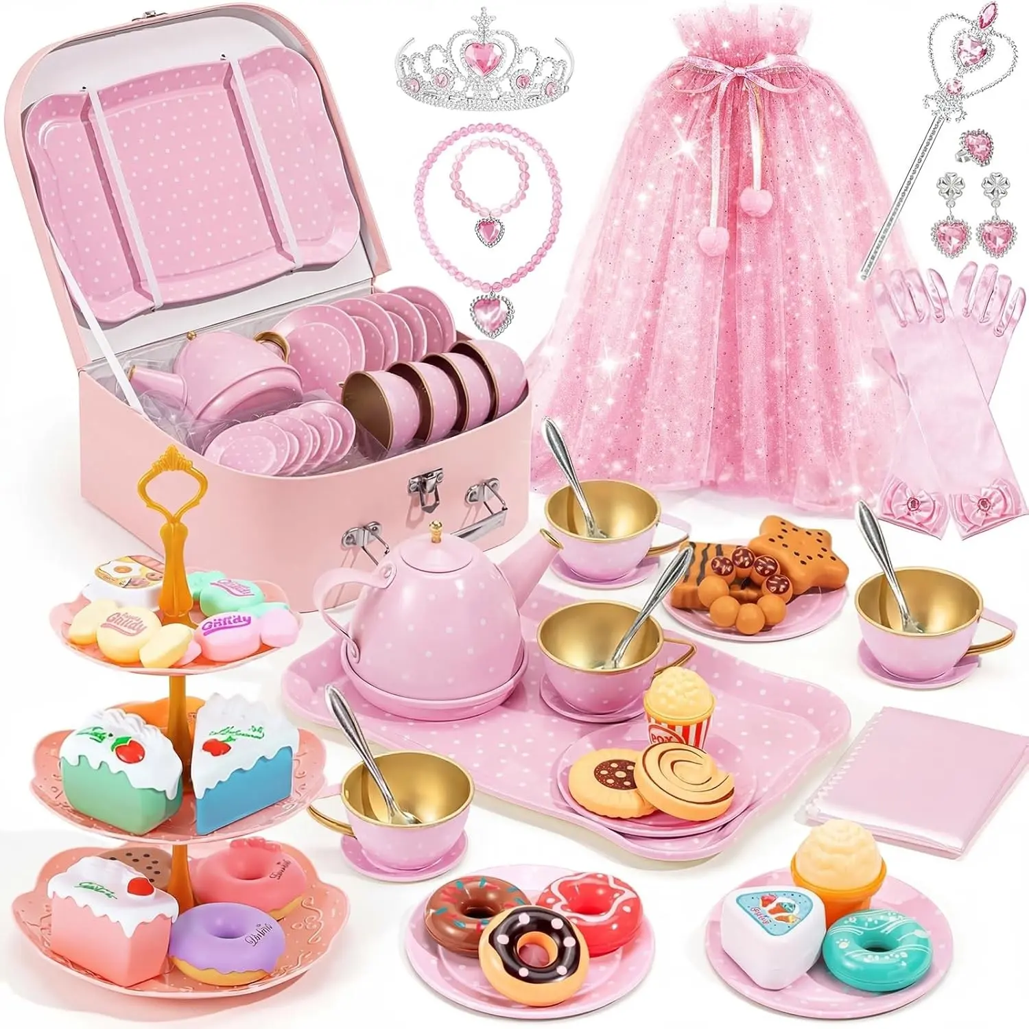 Tea Party Set for Little Girls Age 3-8, Kids Princess Pretend Playset Toys Including Tea Set Dessert Princess Dress Up & Carrying Case, Ideal Birthday Gifts for Toddler Girls, Girl Kitchen Tea Play Toys