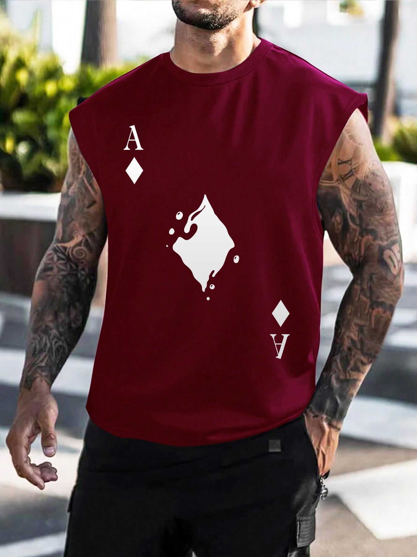 Men's Playing Card Print Round Neck Sleep Tank Top, Casual Soft Comfortable Regular Fit Sleeveless Sleep Top for All Seasons, Menswear Loungewear for Daily Wear
