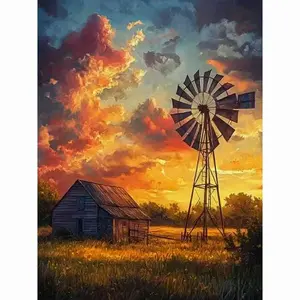 Rustic Farm Windmill and Barn at Fiery Sunset Diamond Painting Kit, Countryside Prairie Landscape with Dramatic Orange Clouds, High-Quality Full Drill Round & Square Rhinestone Mosaic, 5D DIY Handmade Cross Stitch Home Wall Decor