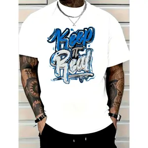 Men's "Keep It Real" Graffiti Print T-shirt, White Background with Blue Lettering, Casual Street Style, Round Neck Design, Comfortable for All Seasons, Breathable Urban Style, Suitable for Daily Wear, Outdoor Gatherings, the Beach, and Sports.Outdoor