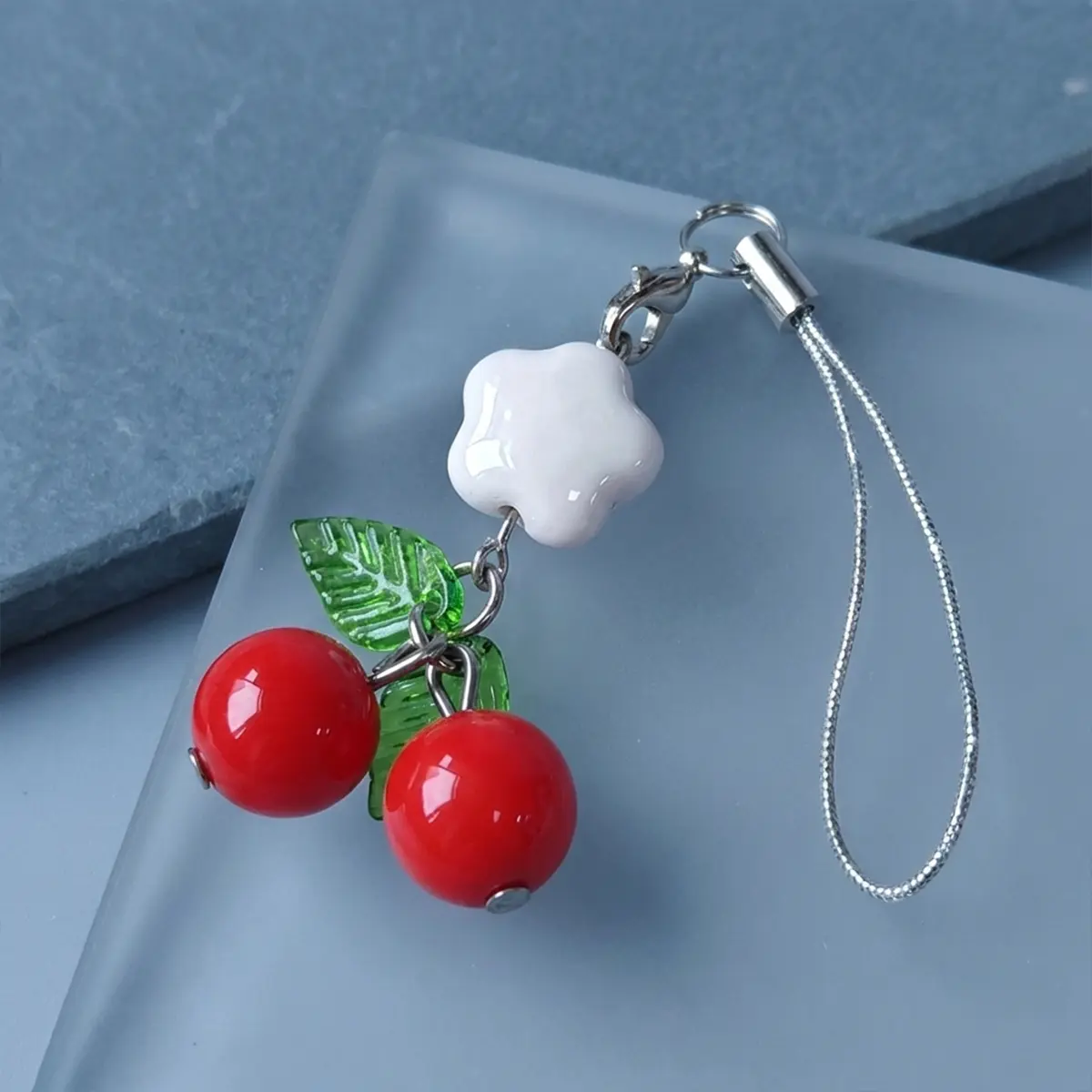 1pc Red Cherry Phone Charm, Flower Bead Keychain Lanyard Strap With Green Leaves Cute Y2K Coquette Bag Charm For Phone Case Camera Backpack Women Gift