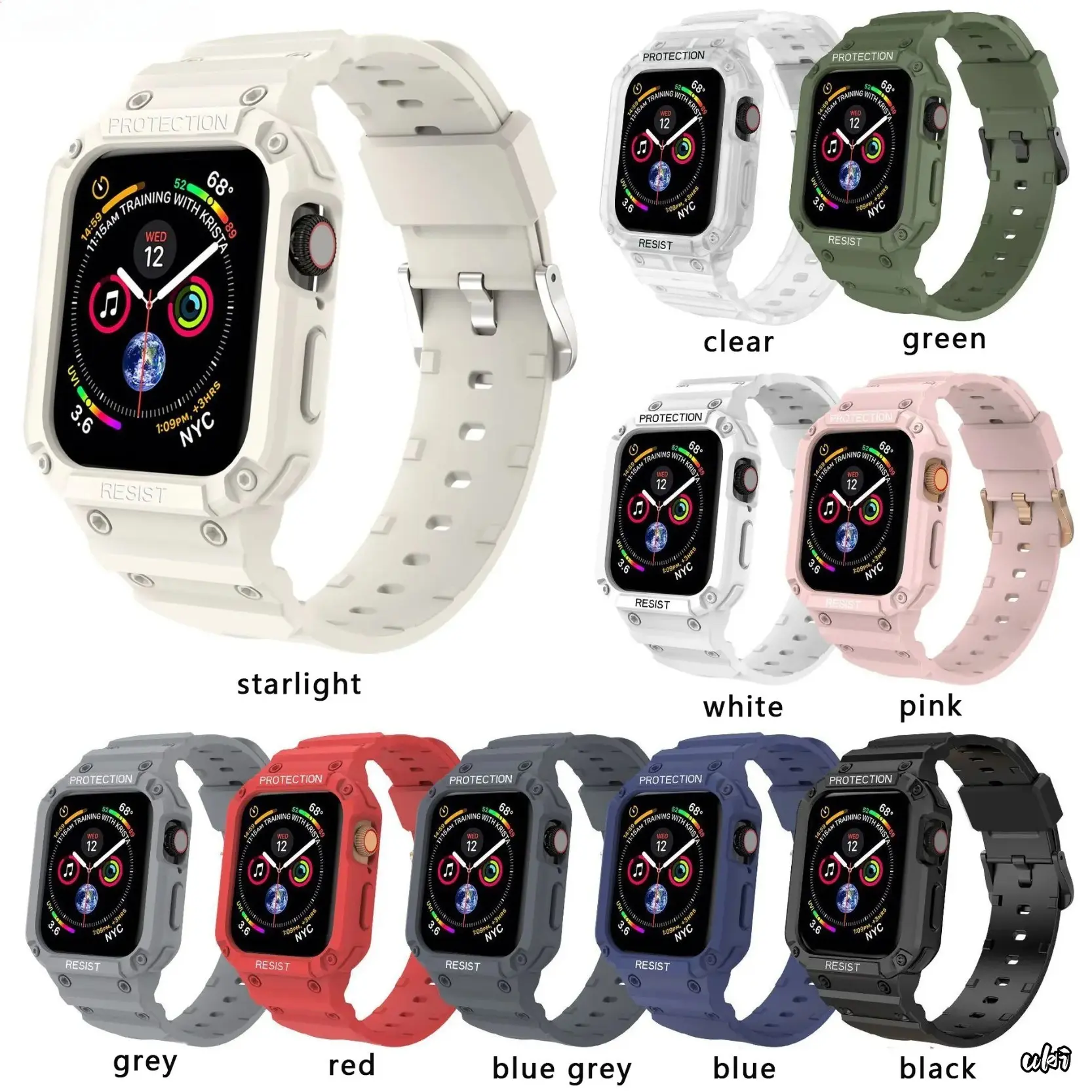 Rugged 2-in-1 Integrated TPU Case + Band for Apple Watch, Shockproof Protective Sport Strap Compatible with iWatch SE/Series 3-9, 38-45mm Heavy-Duty Wristband