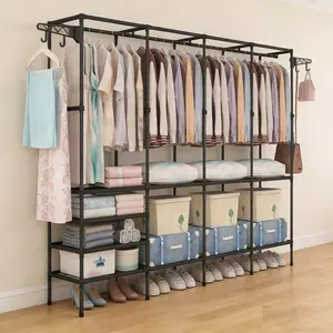 Portable Assembled Open Closet with Side Hooks, Multi-Functional Metal Coat Rack, Clothes Storage Shelf, Space Saving Wardrobe, and Options