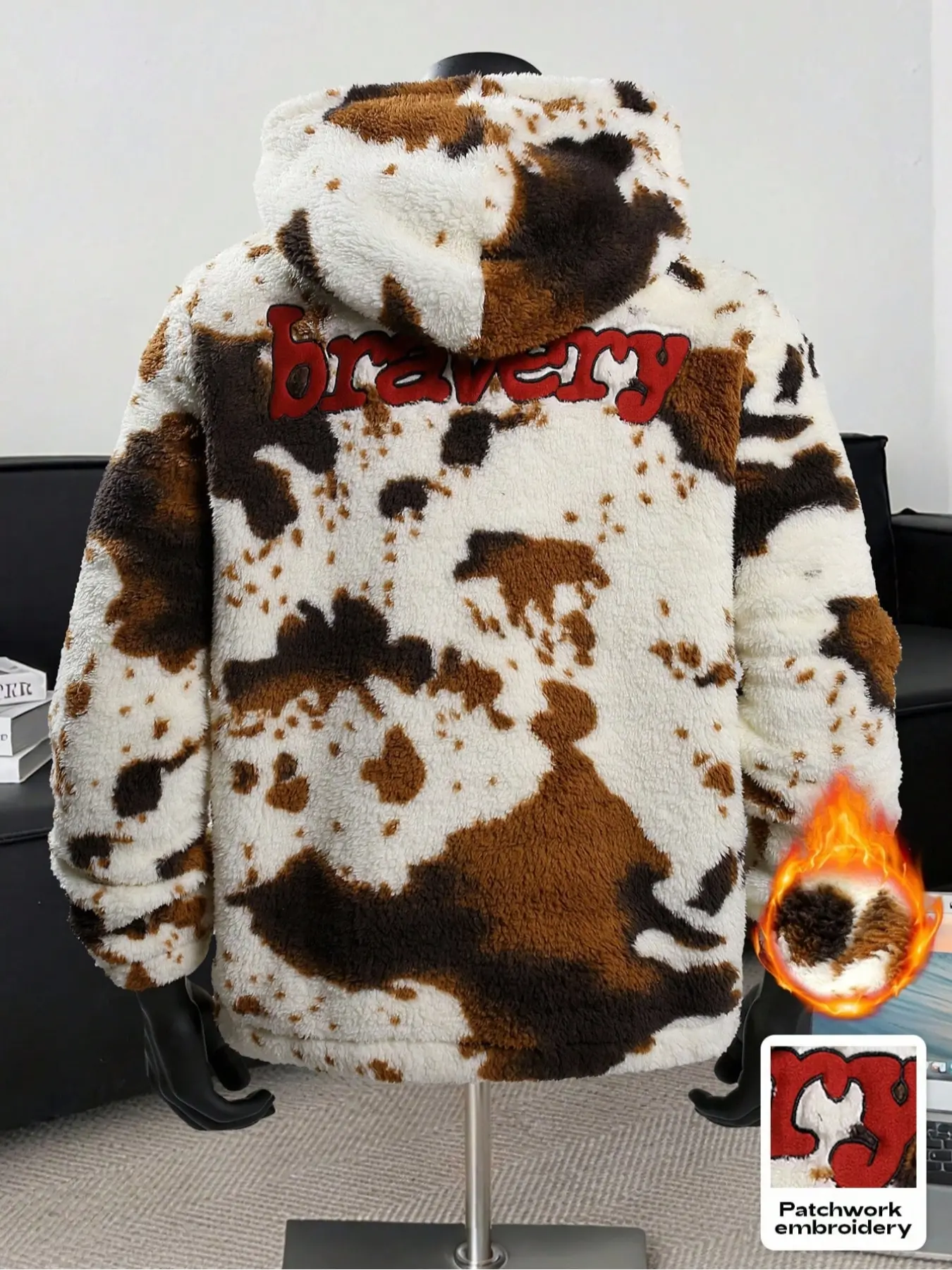 Men's Street Style Hooded Sweatshirt, Knit Fleece Pullover, Natural Cow Pattern Design, Casual Fashion for Spring & Fall
