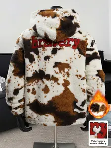 Men's Street Style Hooded Sweatshirt, Knit Fleece Pullover, Natural Cow Pattern Design, Casual Fashion for Spring & Fall
