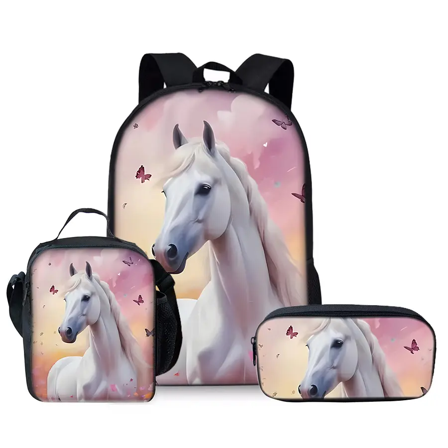 Pink Sky White Horse & Butterflies 3PCS Backpack Set, Durable 600D Oxford Cloth School Bag with Lunch Box & Pencil Case Combo, Adjustable Breathable Strap, Fits 15in Laptop for Kids Teens School Travel Outdoor