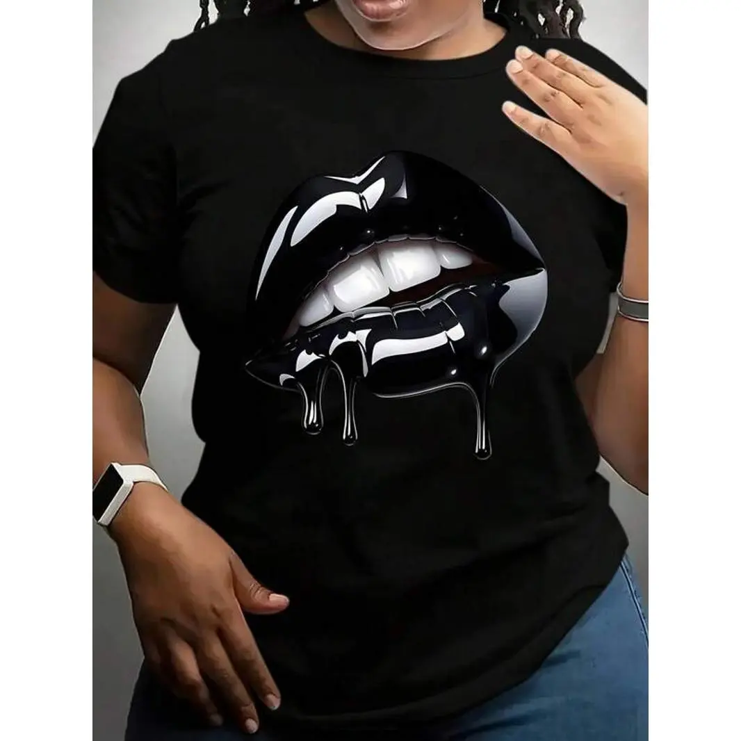 Women's Oversized Lips Print T-Shirt - Casual Round Neck Short-Sleeve Streetwear Tee, Breathable Polyester Casual Wear Top for Chinese New Year, Valentine's Day Statement Outfits, Tshirt, Valentines Day, Shortsleeve, Fabric, Polyester Blend, Elastane