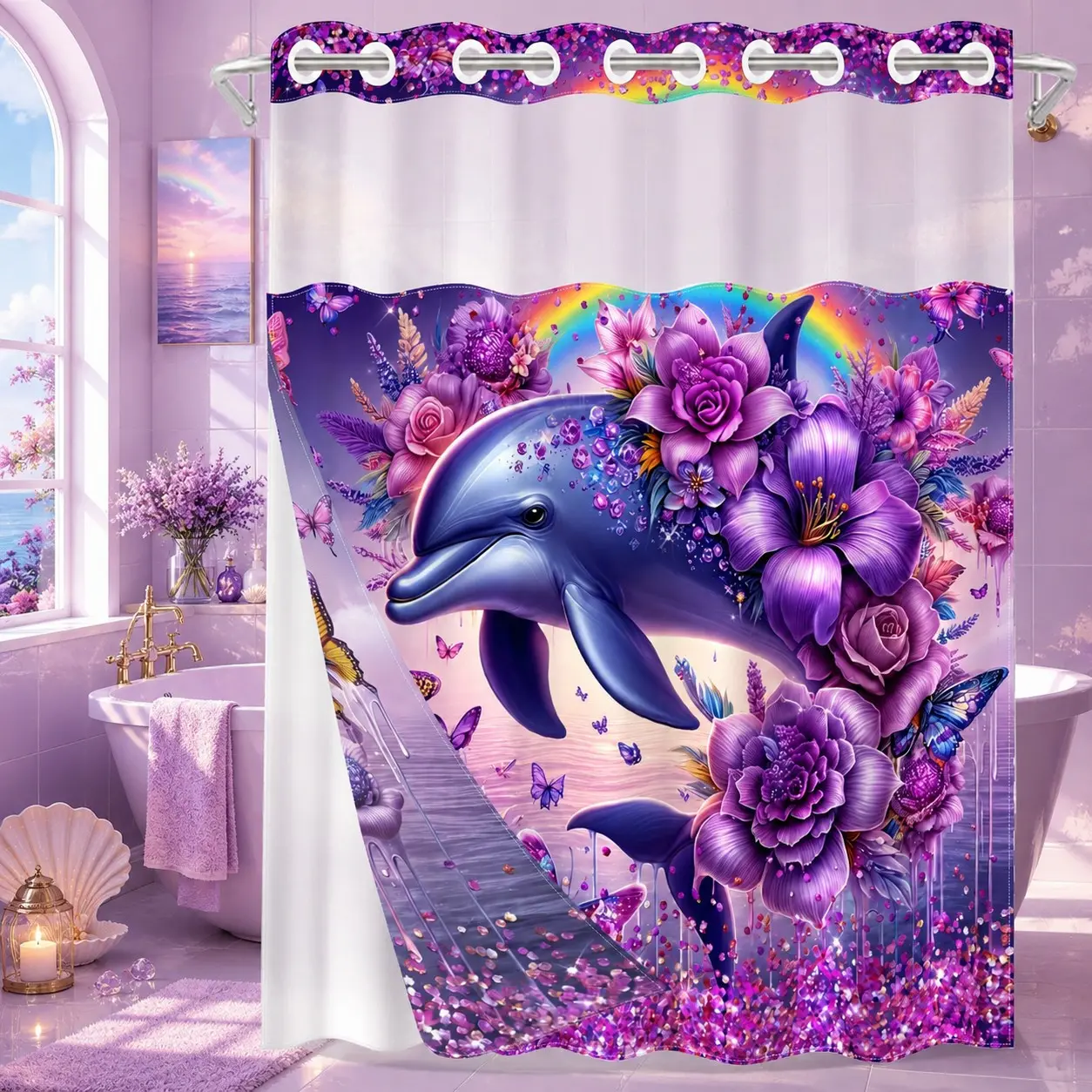 1 Pc Hookless Double Layer Shower Curtain with Snap-in Liner, Purple Dolphin Floral Butterfly Rainbow Print, Waterproof & Mold Resistant Bath Curtain with Mesh Top Window, Ocean Fantasy Bathroom Decor for Apartment Home Hotel Dorm