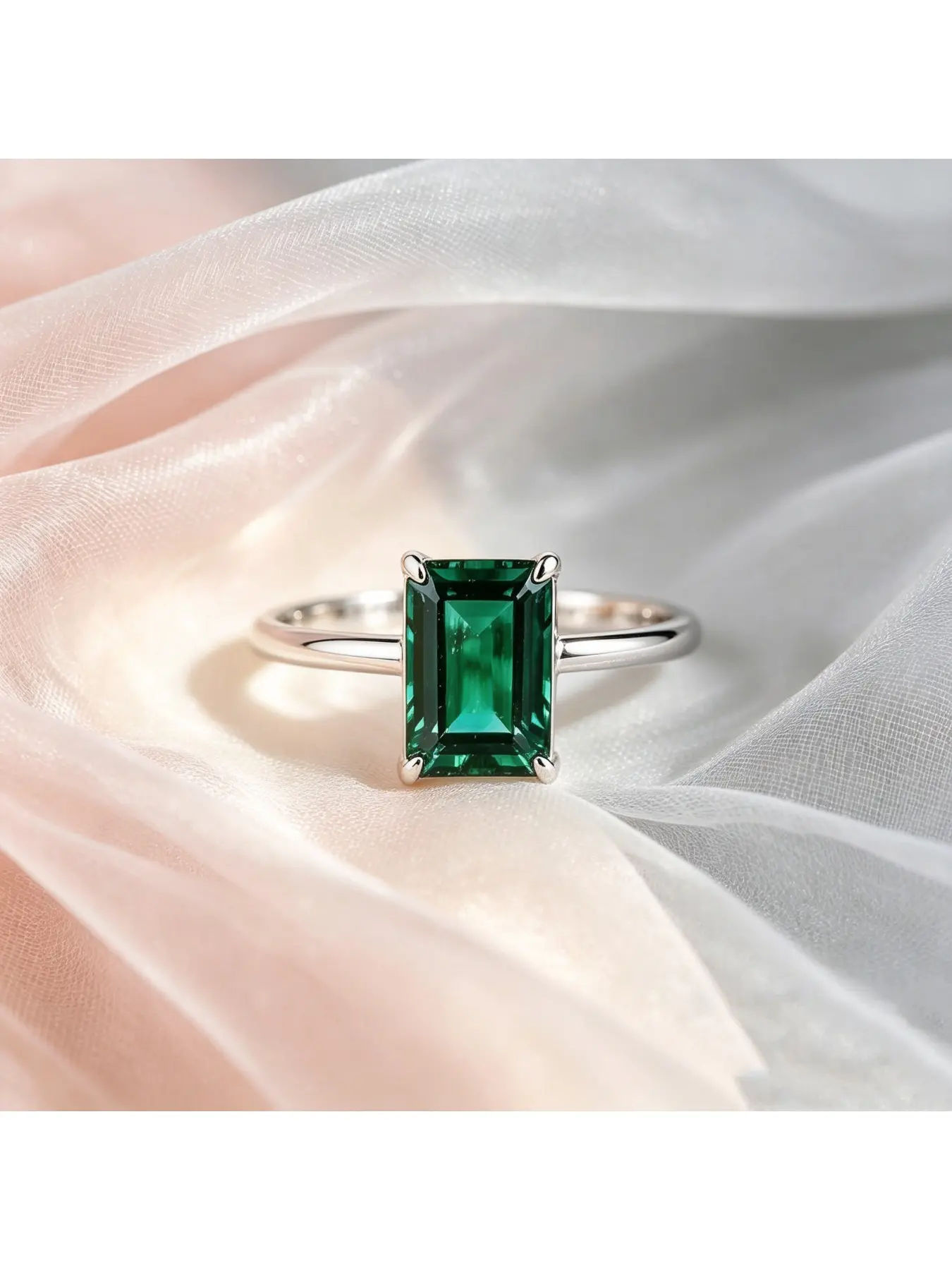 Four-prong Rectangular Fresh Green Gem Thin Silver Minimalist Women Halo Ring, Refined Engagement Ring, Delicate Valentine Gift, Elegant Party Ring, Slim Daily Stack Ring for Engagements, St Patrick’s Day Gifts and Office Layered Styling