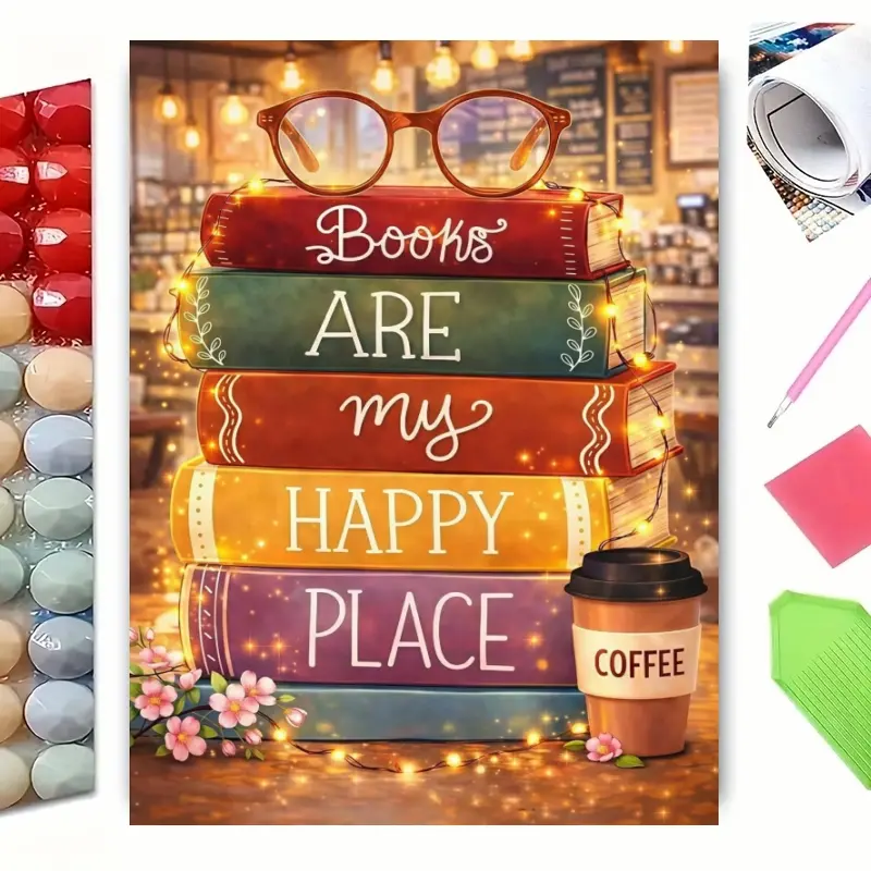 5D Full Drill Acrylic Rhinestones Diamond Art Kit, "Books Are My Happy Place" Quote Cross Stitch Set with Tools, DIY Canvas for Reading Lovers' Home Wall Decor