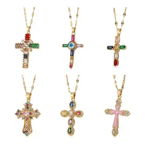 Copper Cross Pendant Necklace For Women Colored Zircon Lip Chain Electroplated O Chain Geometric Shape Everyday Essential Cute Gift