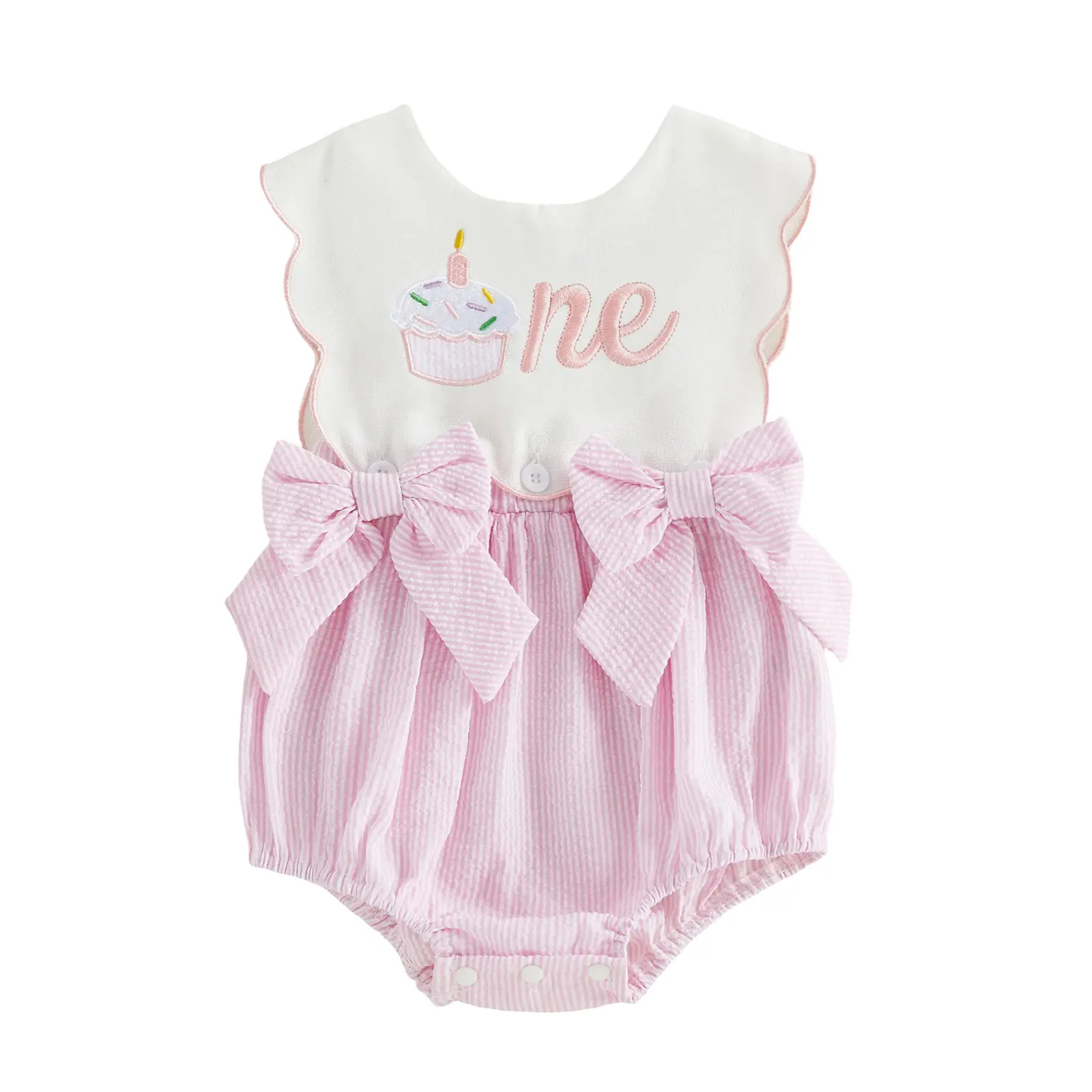 Canrulo First Birthday Outfit Girl One Cake/Ice Cream Embroidery Romper Stripe Bodysuit Cake Smash Summer Clothes