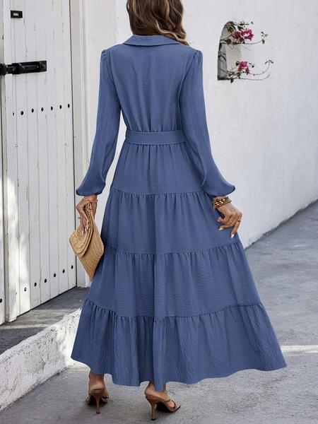 V Neck Pleated Belt Waist Tie Casual Long Sleeve Dress, Comfortable Resort Wear for Women, Stylish Summer Dress for Any Occasion