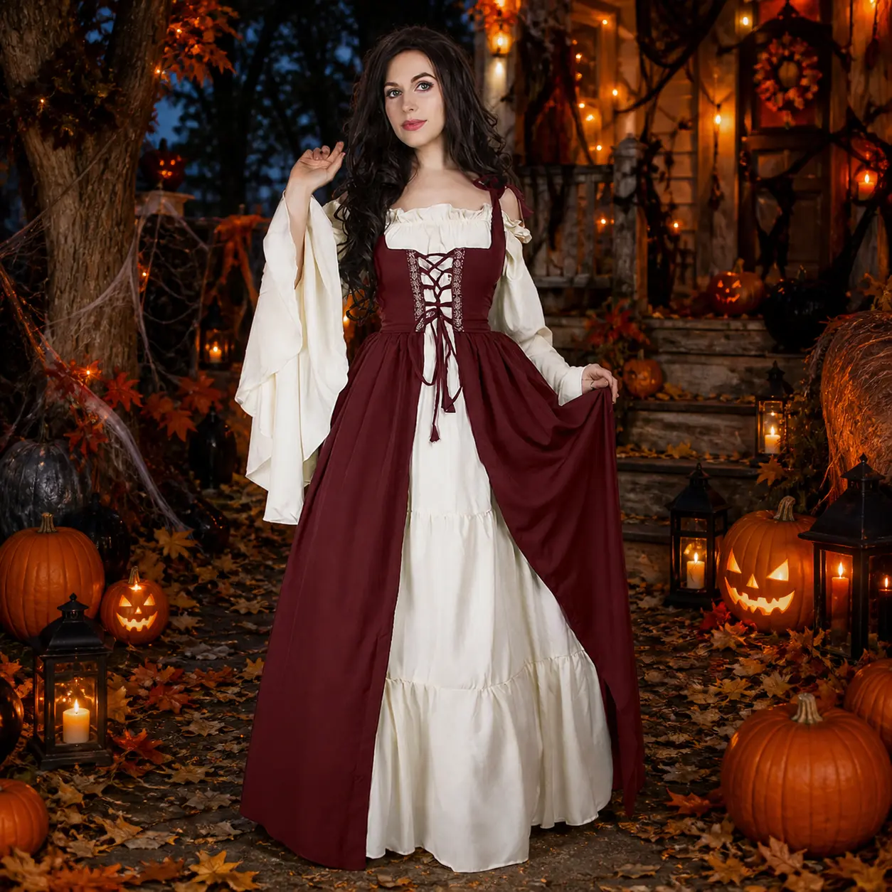 Women's Renaissance Dress, Red & White Medieval Costume, Off Shoulder Lace-Up Corset Maxi Gown with Flare Sleeves, Vintage Peasant Dress for Halloween, Renaissance Faire, Oktoberfest, Medieval Festival, Cosplay & Themed Party