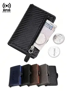 Rfid Carbon Fiber Pattern Secure Card Wallet, Automatic Pop-Up Credit Card Case, Zipper Coin Slot, Women's Card Holder for Daily Use