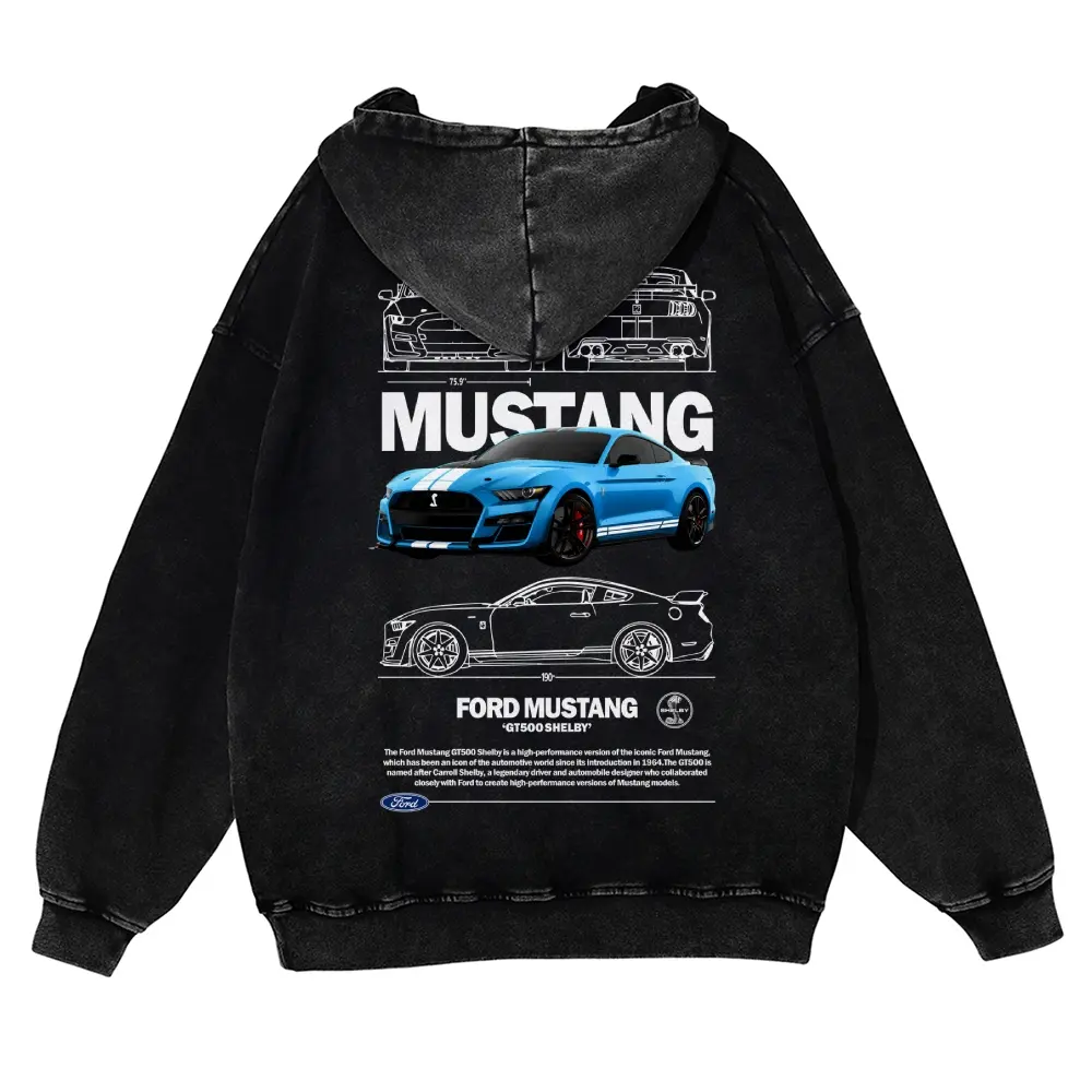 Men's Long-Sleeve Casual Hoodie, Blue America Classic GT500 Muscle Car Graphic Sweatshirt, 380g Vintage Washed Fabric Tops (Jeans Pairing Compatible)