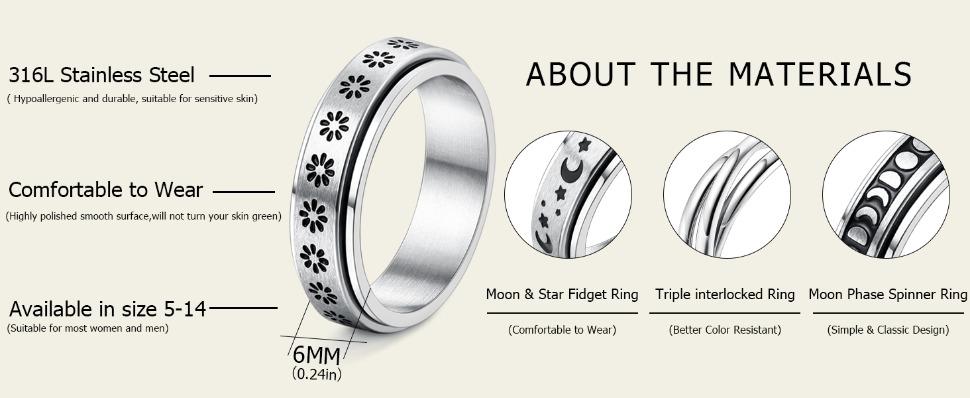 FUNRUN Stainless Steel Fidget Anxiety Ring for Women Men Fidget Spinner Rings Moon Star Celtic Stress Relieving Spinning Ring Wedding Band Rings Set,4-6Pcs