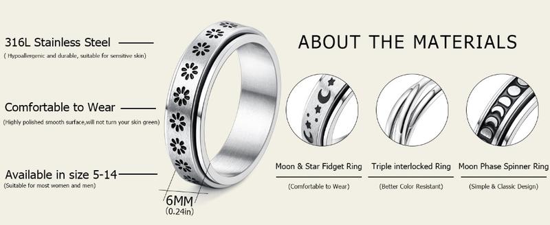 FUNRUN Stainless Steel Fidget Anxiety Ring for Women Men Fidget Spinner Rings Moon Star Celtic Stress Relieving Spinning Ring Wedding Band Rings Set,4-6Pcs