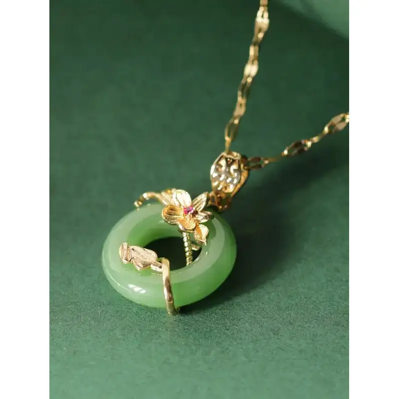 Jade Peace Buckle Necklace for Women, Elegant Micro-inlaid Lotus Leaf Pendant, Casual Plant Leaf Jewelry, Mother's Day Gift, Female, Glossy, Casual/Formal., Glossy Finish., Green Jade Lotus Leaf
