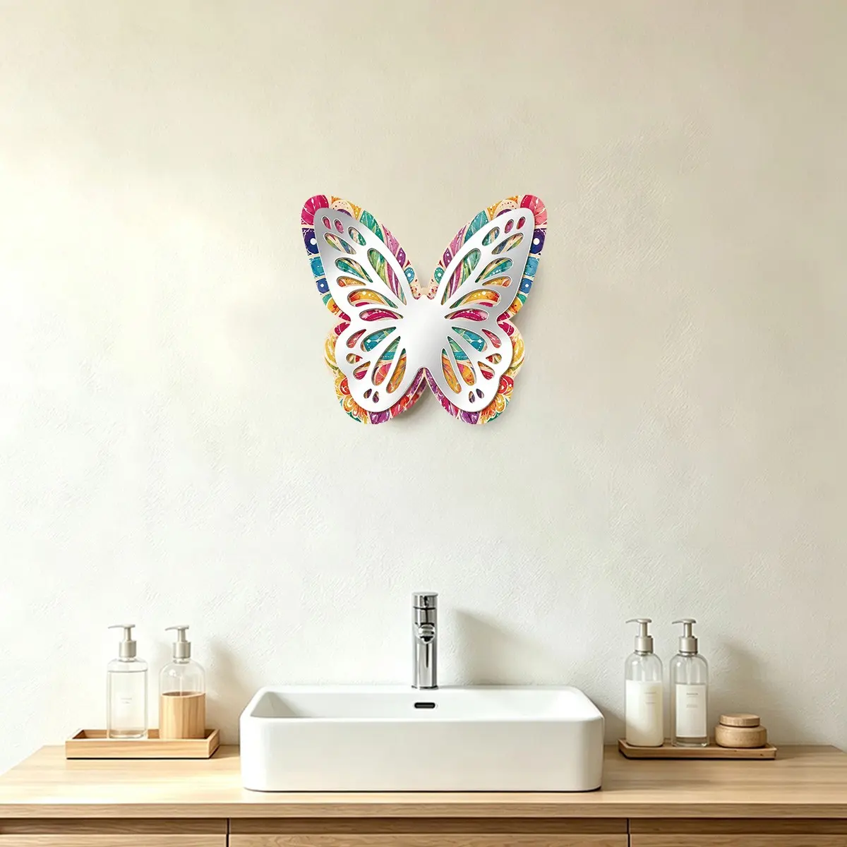 1pc Colorful Butterfly Shaped Wooden Base & Acrylic Double Layer Mirror Wall Sticker, Shatterproof Stick on Mirrors for Wall Self-Adhesive Sticker for Bedroom, Door, Bathroom, Dorm Mirror Wall Sticker, Wall Decor, Wall Art Stickers