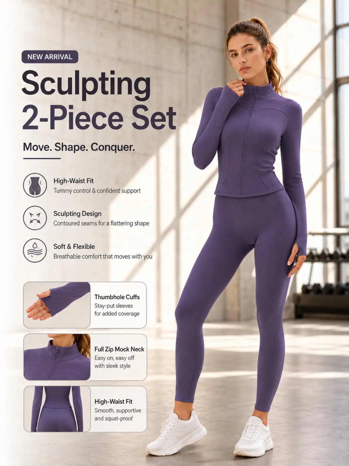 Women's 2 Piece Pilates Workout Outfit, Stand Collar Full Zip Long Sleeve Slim Jacket With Thumb Holes, High Waist Butt Lifting Tummy Control Compression Leggings, Fashion Casual Athletic Sports Set For Yoga Gym Running Daily Wear