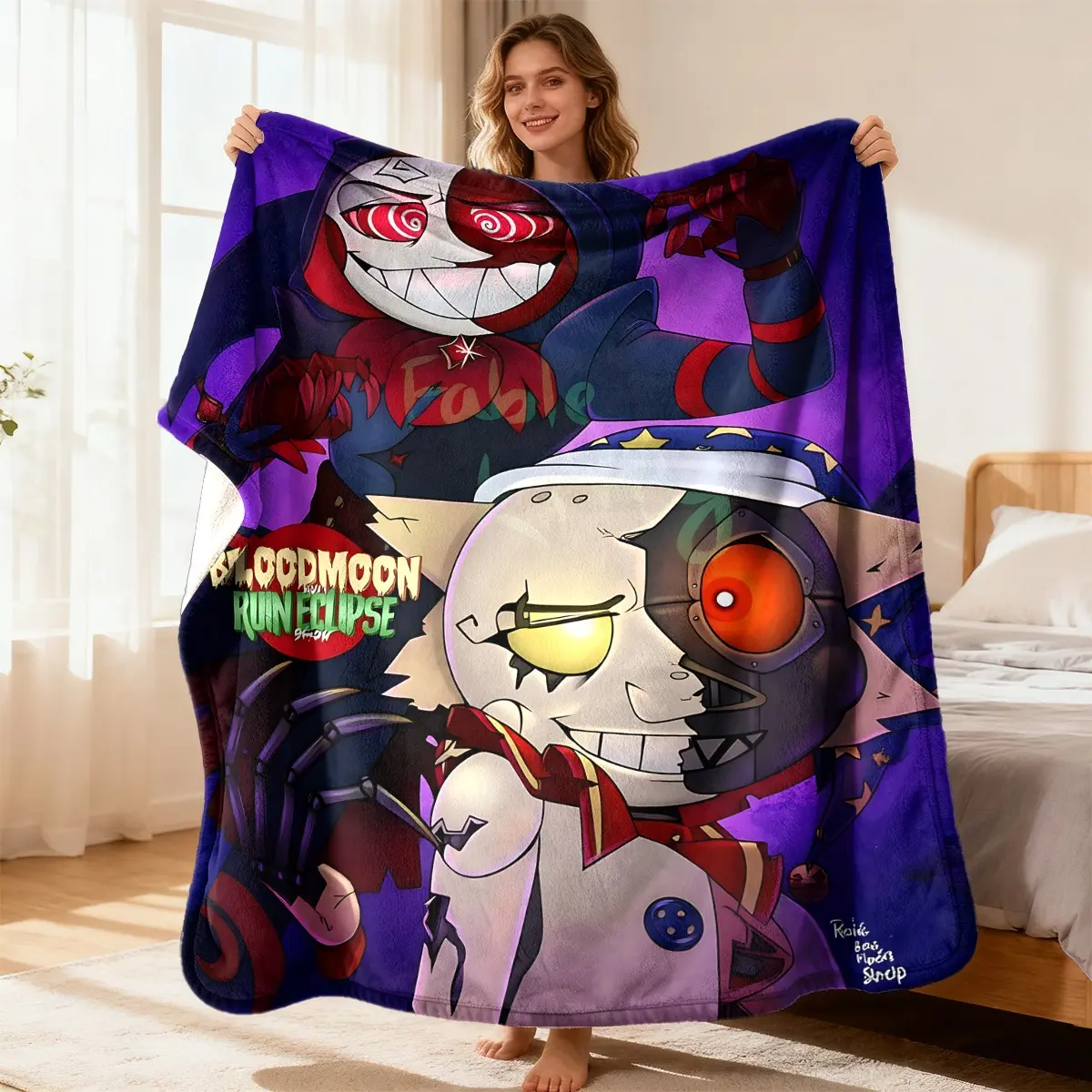 Bloodmoon Ruin Eclipse Sun & Moon FNAF Flannel Throw Blanket Five Nights At Freddy’s Security Breach Animated Character Warm Blanket Gift Game Fans All Ages