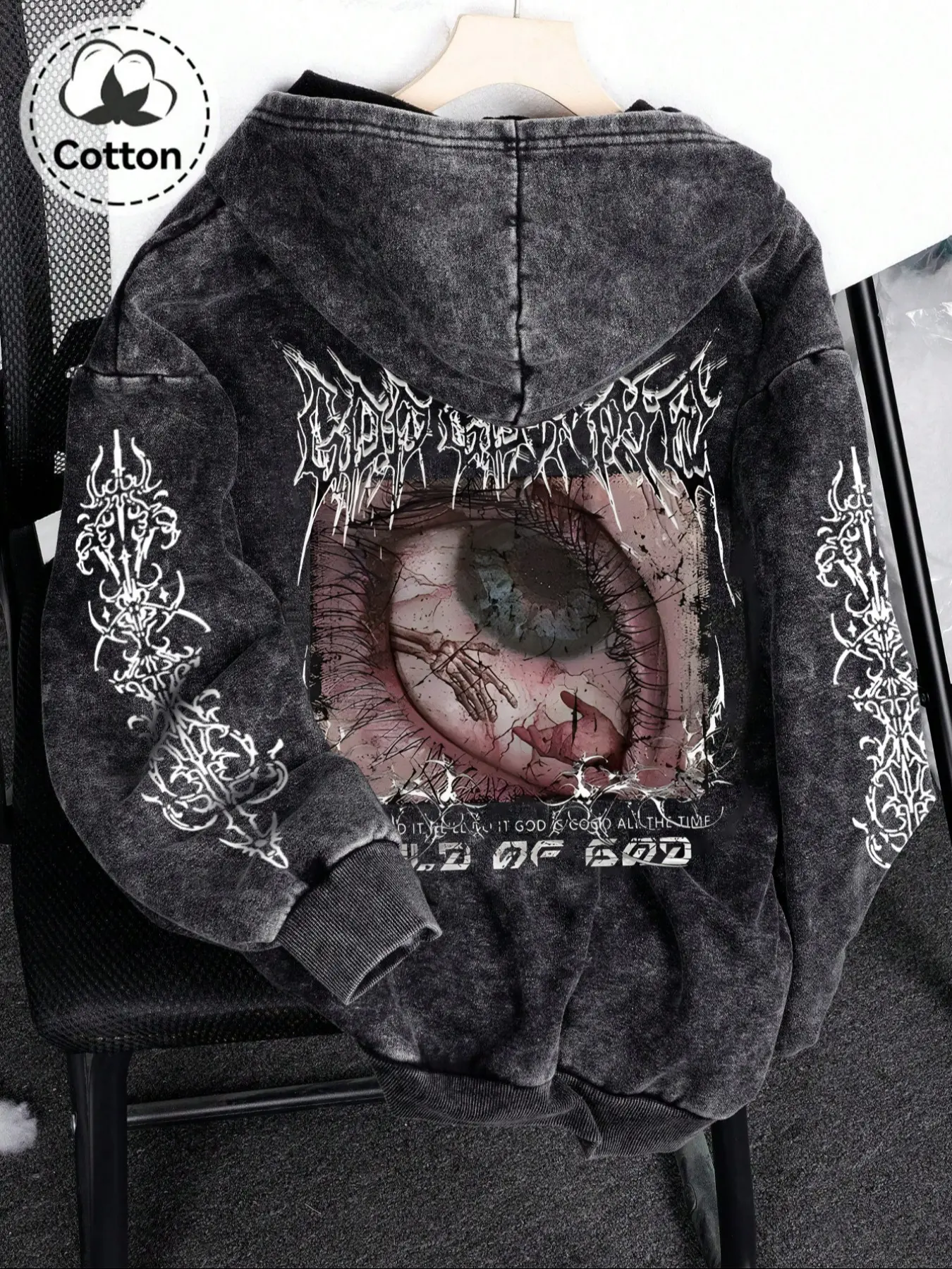 Men's Cotton Zipper Hoodie, Eye Pattern Print, Loose Fit Casual Long Sleeve Sweatshirt, Fashionable Spring & Fall Pullover Top